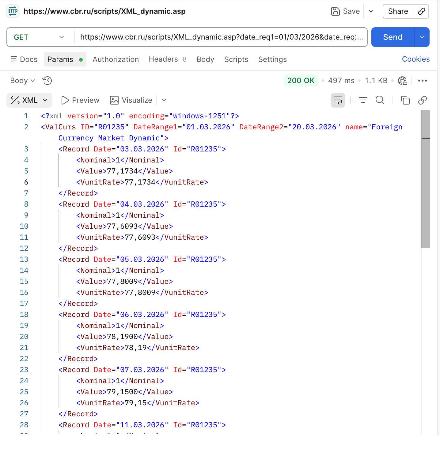 XML-ответ API Банка России в Postman